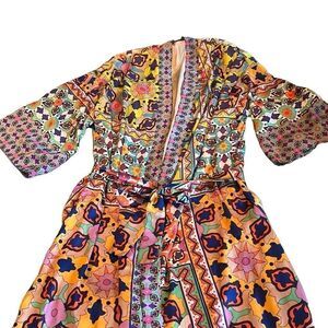 Zara Women's Multicolor Floral Satin Belted Slit Kimono Robe Medium